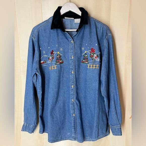 Basic Editions Holiday Shirt Size Large Denim Chambray Christmas W… - Picture 1 of 9